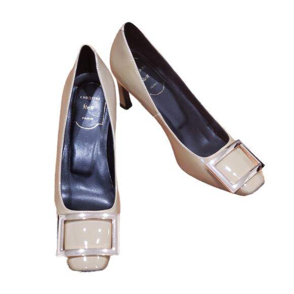 Christine Shell Patent Leather Tan Buckle Heels Size 35 EU (5 US) - Picture 1 of 9